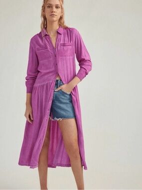 Anthropology Pilcro Kimberly Midi Shirt Dress Pink Button Front Viscose Size S